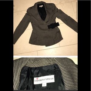 Emporio Armani Black and Gray Herringbone Blazer with Belt